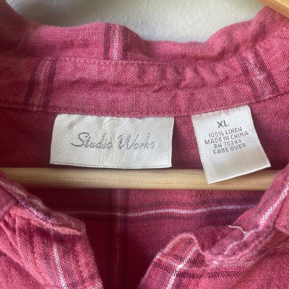 Vintage Studio Works Womens Button Down Size XL 100% Linen Plaid Pink - Picture 5 of 9